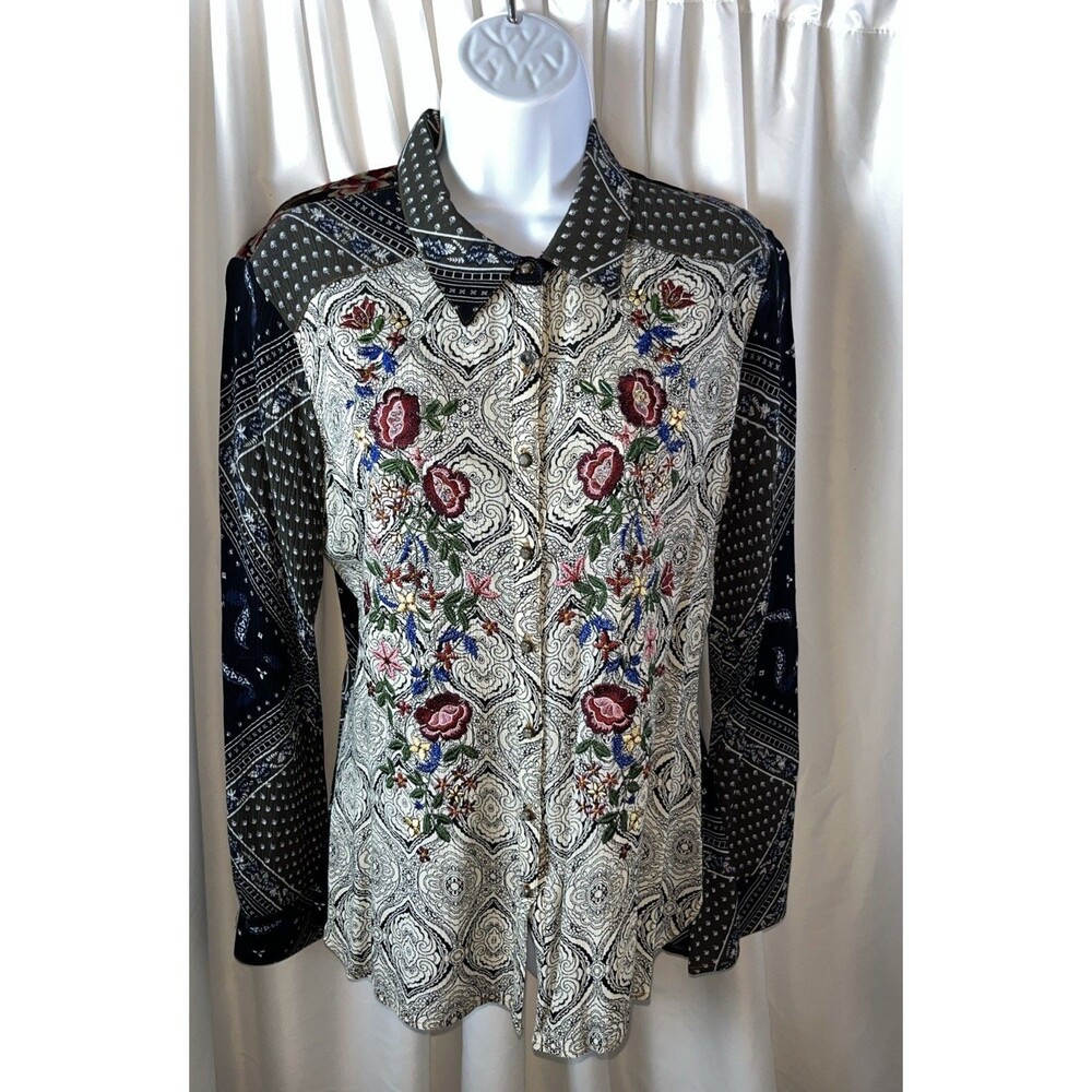 Cyrena Anthropologie Paisley Floral Embroidered Multicolor Mix Media Blouse S